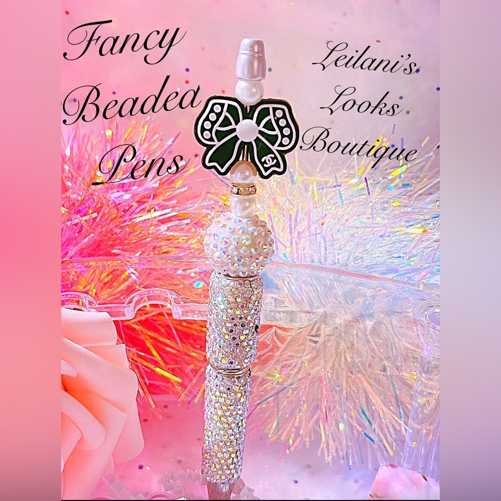 Fancy beaded pen/fancy pen/white beads/gifts ideas/black bow
